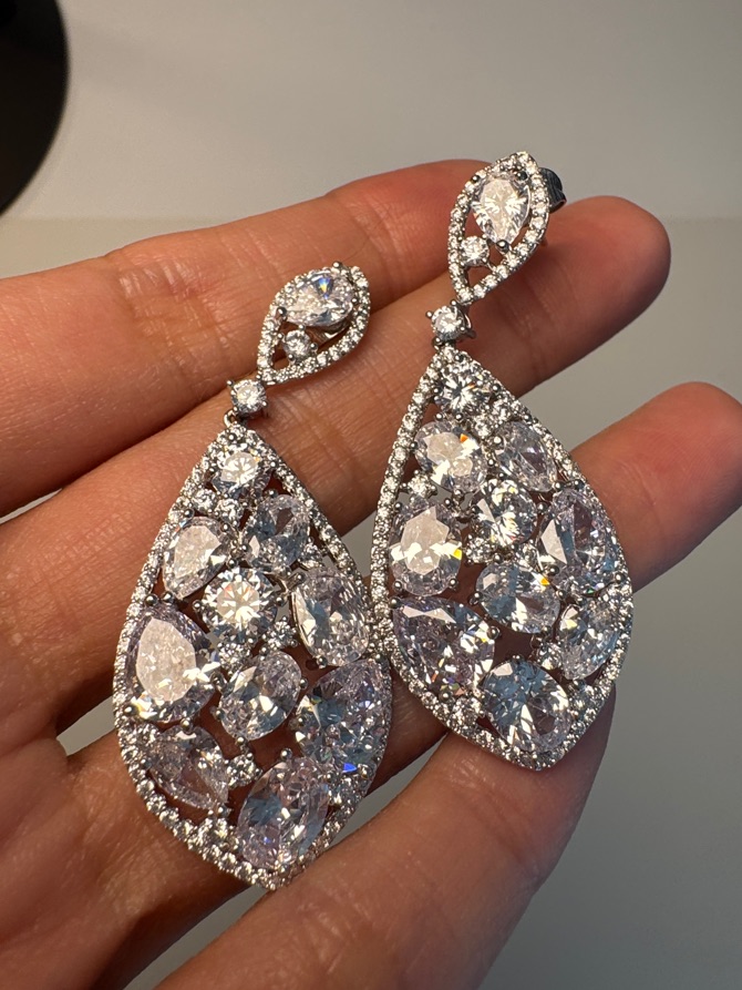 Bridal Sterling Silver Teardrop Cubic Zirconia Dangle Earrings